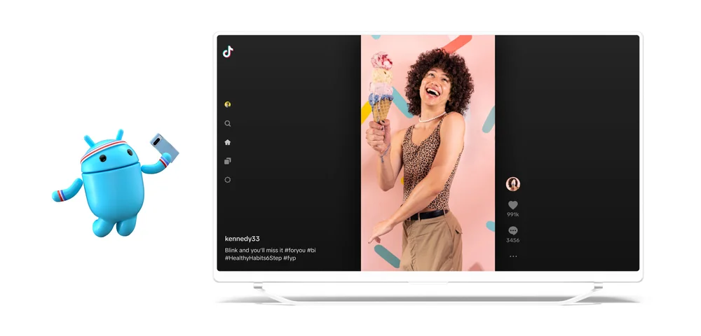 Imaginea arată un ecran de televizor cu un videoclip Tiktok cu o persoană care ține în mână un cornet de înghețată cu un fundal roz de stropire turnate pe el.  Un mic robot albastru Android care ține în mână un smartphone dansează în lateral.