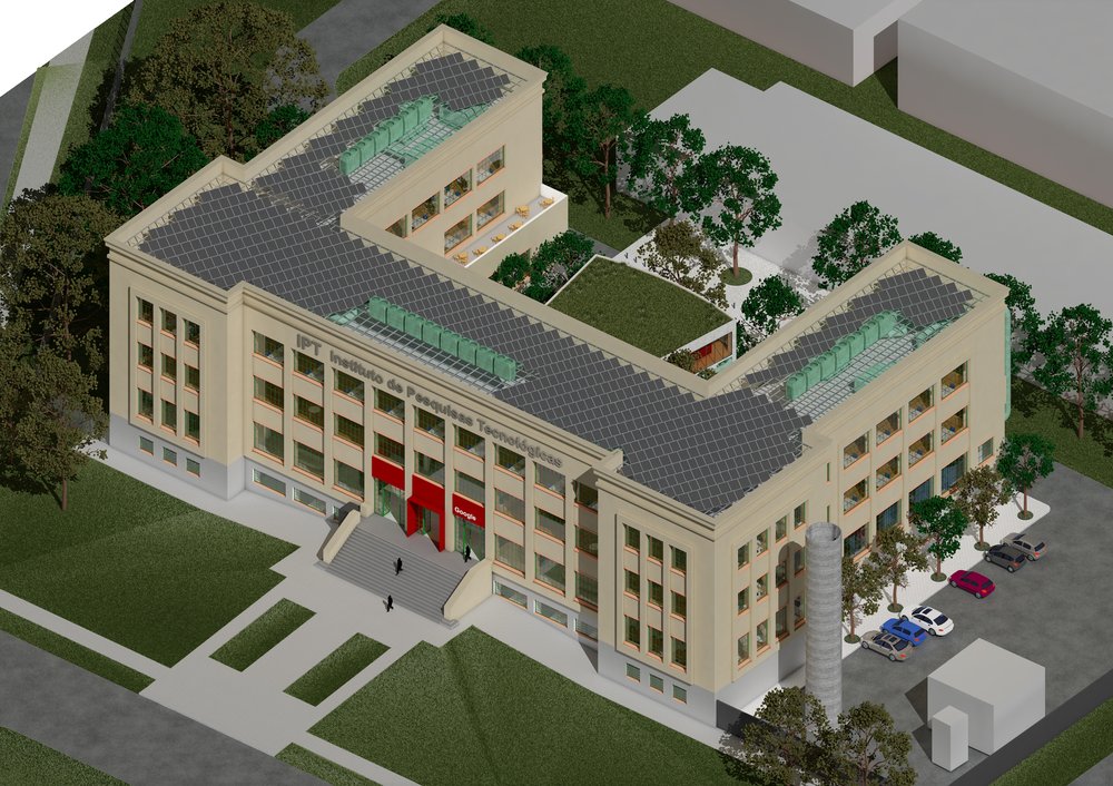 A 3D rendering of an office building with three floors, a large staircase and various outdoor spaces