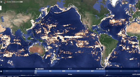 An image of Google Earth’s Global Fishing Watch tool. The tool showcases the world map with visualizations of large scale commercial activities happening worldwide