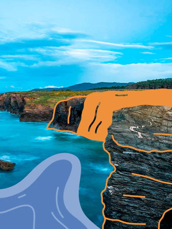 Image of a coastal landscape with cliffs. Some seawaves have been drawn in blue. A small part of the cliffs has been painted in orange.
