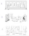3 czarno-białe szkice, oznaczone „A”, „B” i „C”, od góry do dołu. Szkic A przedstawia osobę rysującą na dużej sztaludze i piszącą „Google”. Szkic B przedstawia osobę rysującą na sztalugach, a po prawej stronie szereg dzieł sztuki i rzeźb. Szkic C przedstawia serię sześciu dzieł sztuki zawieszonych pod sufitem, a osoba poprawiająca to po lewej stronie.
