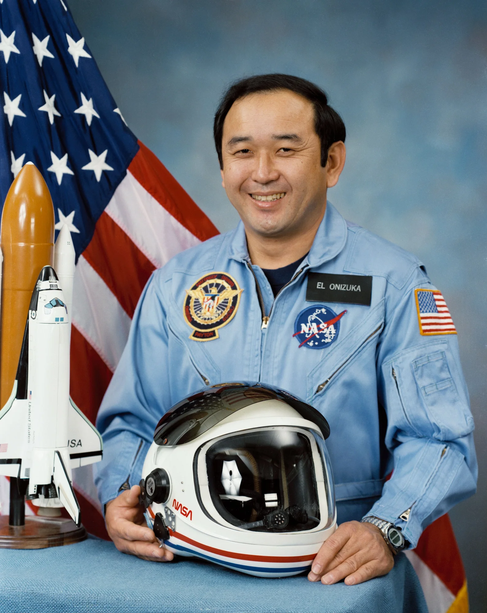 Image shows a portrait of Ellison Onizuka was the first Asian American to fly to space