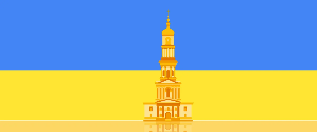 An illustration of Ukraine’s flag, one blue stripe on top of one yellow stripe, with the Dormition Cathedral in the foreground, on top of it.