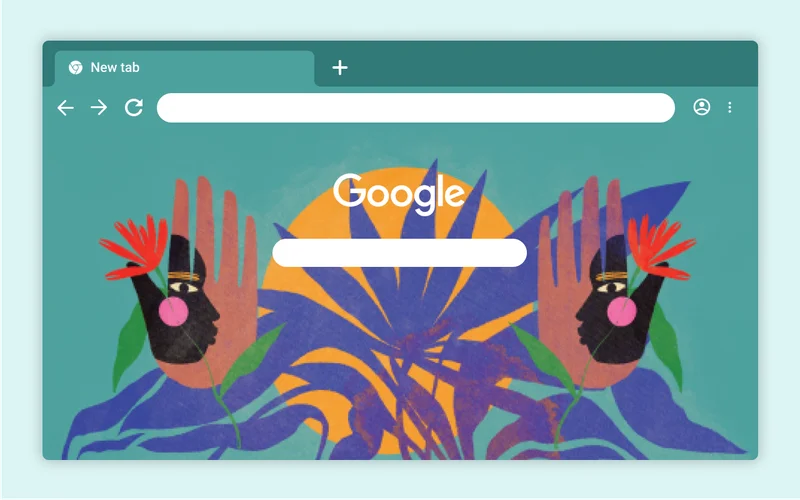 An illustration that shows blue leaves, hands, and faces against a teal background.