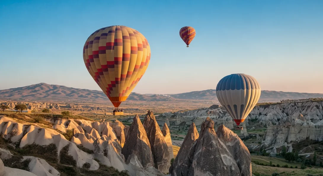 Prompt: Shot in the style of DSLR camera with the polarizing filter. A photo of two hot air balloons floating over the unique rock formations in Cappadocia, Turkey. The colors and patterns on these balloons contrast beautifully against the earthy tones of the landscape below. This shot captures the sense of adventure that comes with enjoying such an experience.