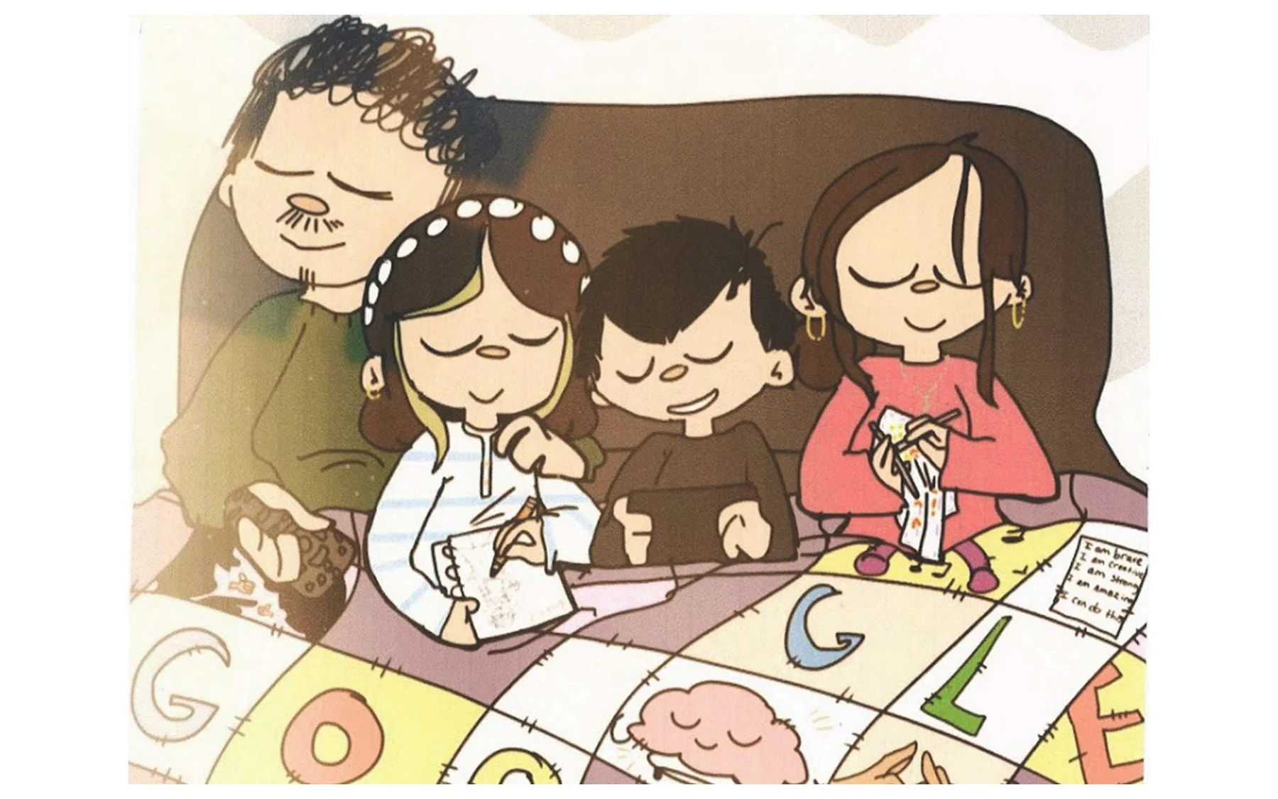 A drawing of a family of four in bed together with a quilt that spells out “Google”