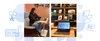 Two side-by-side photos - the first shows Seonah sitting in a chair working t her laptop. The second photo shows a laptop on a desk open to a Google Calendar. There is an illustrated frame featuring a boba tea drink and a clock that reads 4pm.