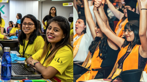 In photo on left two people with laptops smile at the camera. In photo on right, people attend a graduation ceremony and are raising their arms as they cheer.