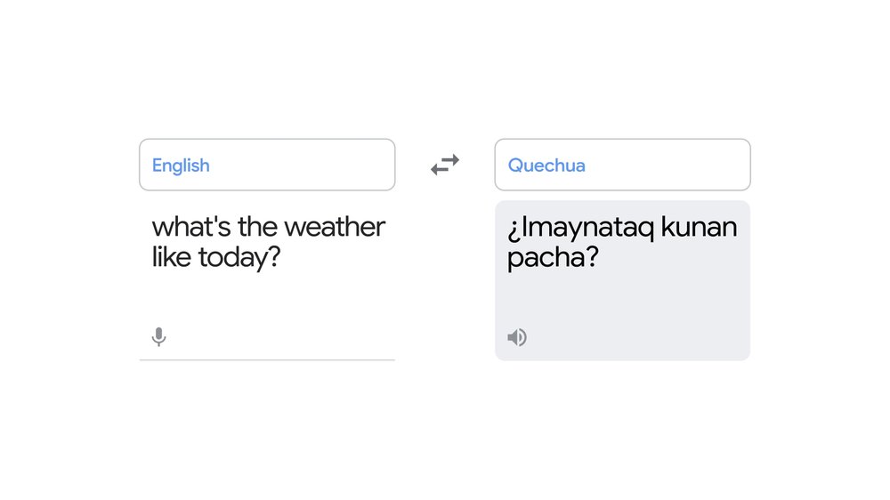 Due riquadri, uno con una domanda in inglese: "Com'è il tempo oggi?"  — l'altro che ne mostra la traduzione in quechua.  C'è un simbolo di microfono sotto la domanda inglese e un simbolo di altoparlante sotto la risposta Quechua.