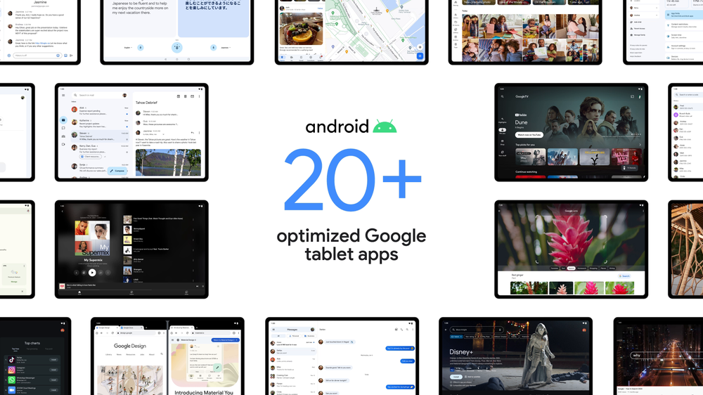 A collage of colorful tablets are shown, each tablet with a different app running on its screen such as Google Translate, Google Maps, Google TV, Google Photos, Gmail, and more. The Android logo is in the center of the image with the text “20+ optimized Google tablet apps” written in large lettering.