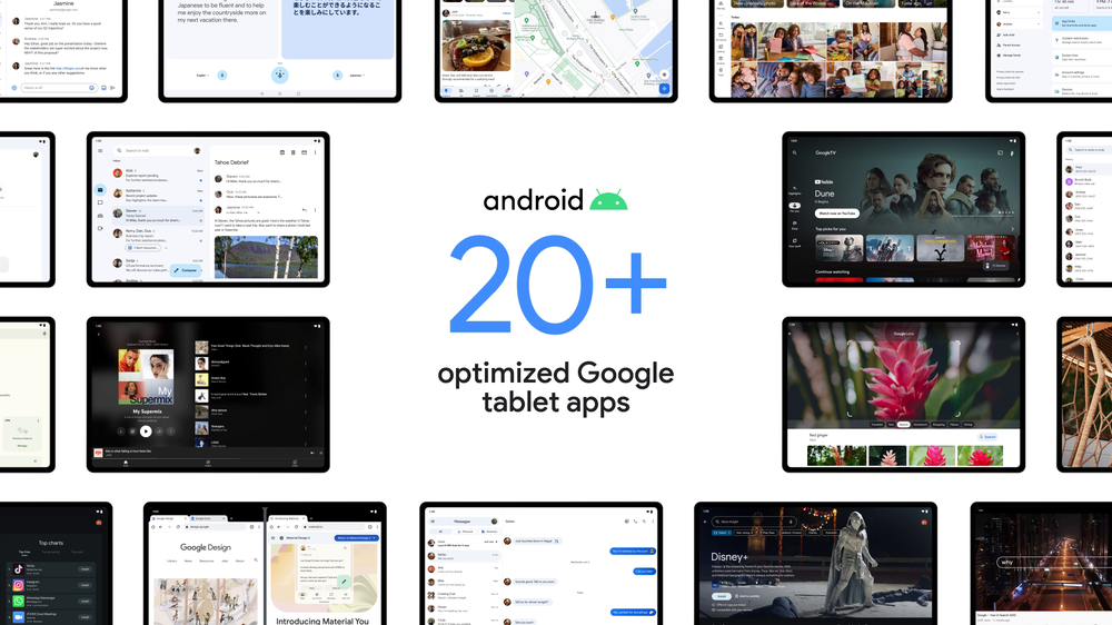 Viene mostrato un collage di tablet colorati, ogni tablet con un'app diversa in esecuzione sullo schermo come Google Translate, Google Maps, Google TV, Google Foto, Gmail e altro.  Il logo Android è al centro dell'immagine con il testo "20+ app ottimizzate per tablet Google" scritto a caratteri grandi.
