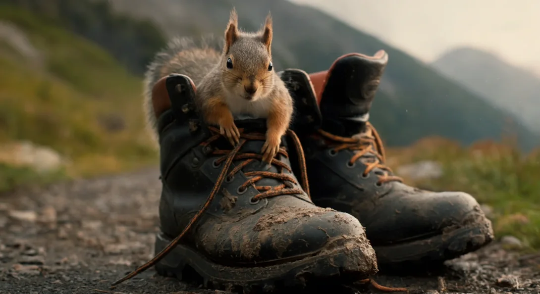 Prompt: A pair of well-worn hiking boots, caked in mud and resting on a rocky trail. The head of a squirrel is poking out of one of the boots, and it looks lazily at the camera, a little king of its shoe. The laces of both boots fall loosely to the ground. There&#x27;s a mountainous landscape in the background. Cinematic movie still, high quality DSLR photo.
