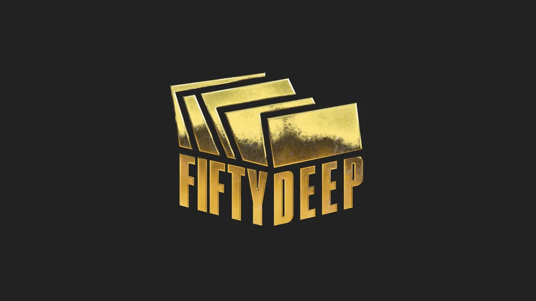 The logo for YouTube’s “50 Deep” project is gold against a black background. The words “Fifty Deep” are supporting a series of blocks or records stacked on top. The whole logo is a deep gold designed to look like an older artifact.