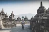 An image of a man carrying a street view trekker to capture imagery at Indonesia’s Borobudur temple.