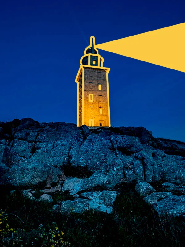 Image of a lighthouse at night on top of a rock. The contours of the lighthouse and a yellow beam of light have been drawn on top of the photograph.