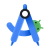 Android Studio icon which comprises a Blue stencil with a green Android robot head peeking out the right.