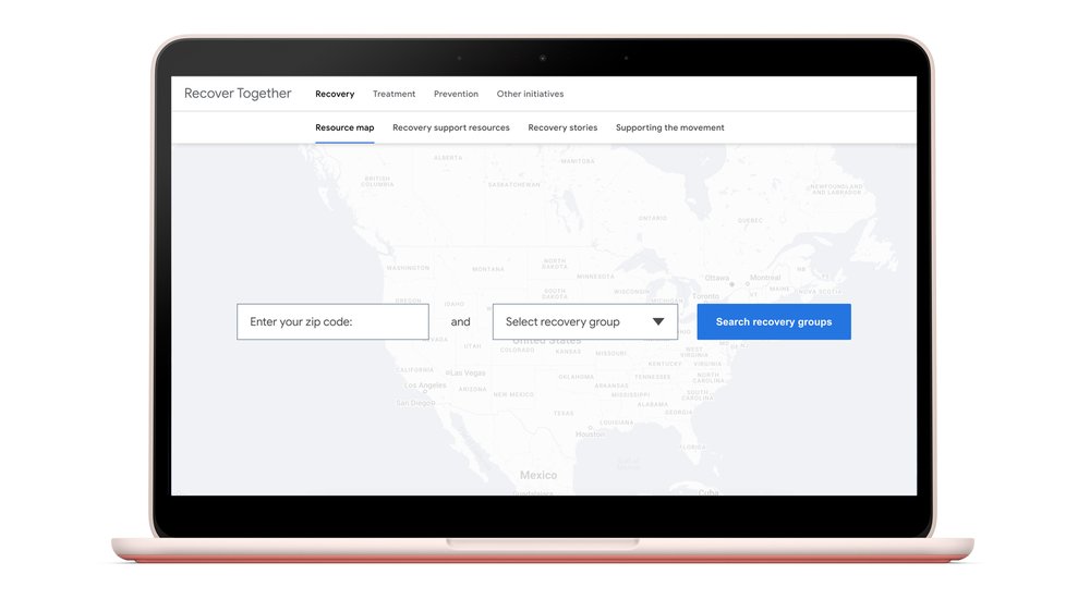 A desktop screen shows a map that can be used to search for recovery resources.