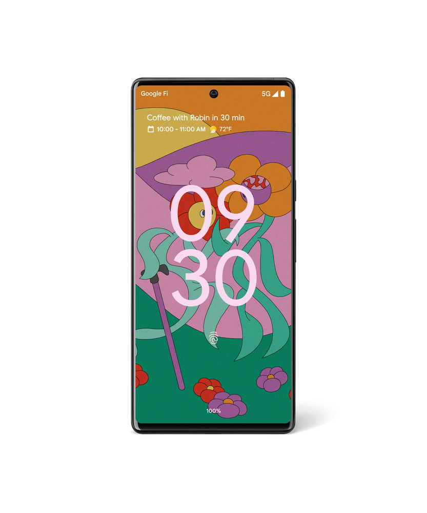 Image showing a Wallpaper by Dana Kearly on a Pixel phone lock screen. It has cartoon flowers standing up on the grass with an abstract pink, yellow, purple, and orange background behind them.