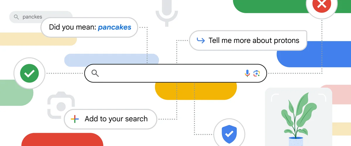 Illustration of a Search bar with symbols illustrating updates to Google Search, from security to “did you mean” results to Google Lens and voice search.