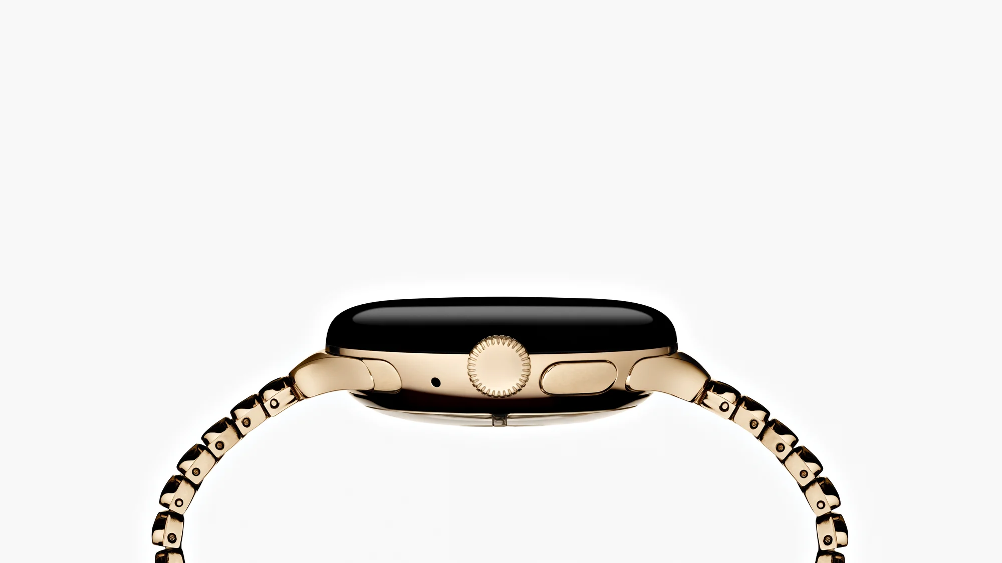 Image de la vue latérale de la Pixel Watch 2 avec le bracelet fin en métal or champagne