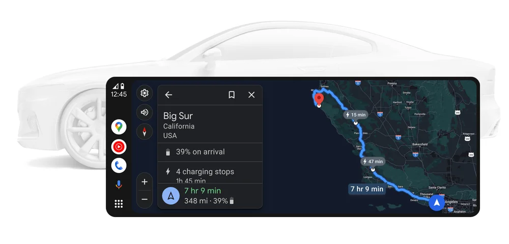 Image shows the outline of a car with a screen overlay on top. The screen shows the new EV routing feature on Android Auto, including a map, an indicator that the car’s battery will be low upon arrival, and a notification that there is charging available nearby.