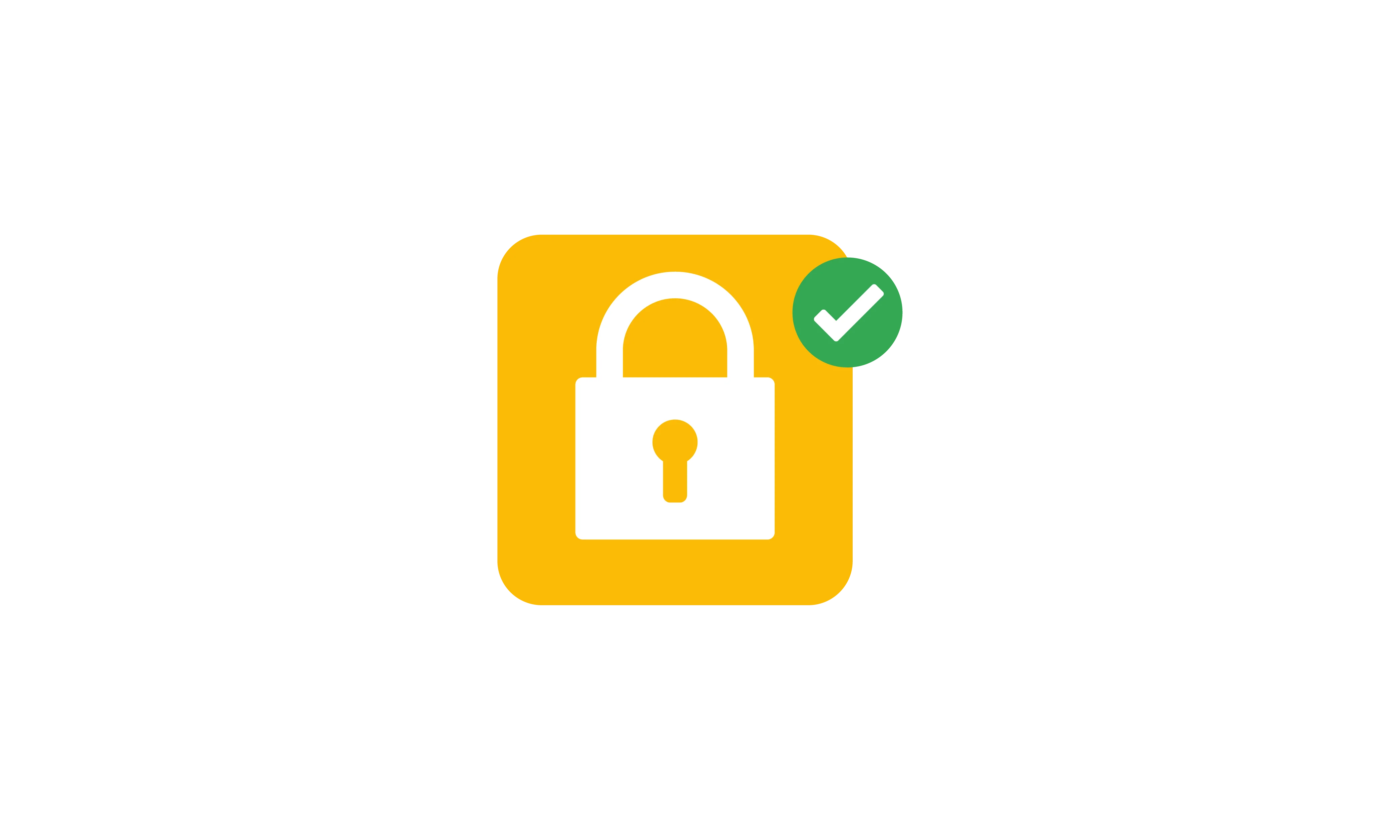 Yellow square with a graphic of a lock inside it and a check mark inside a green circle