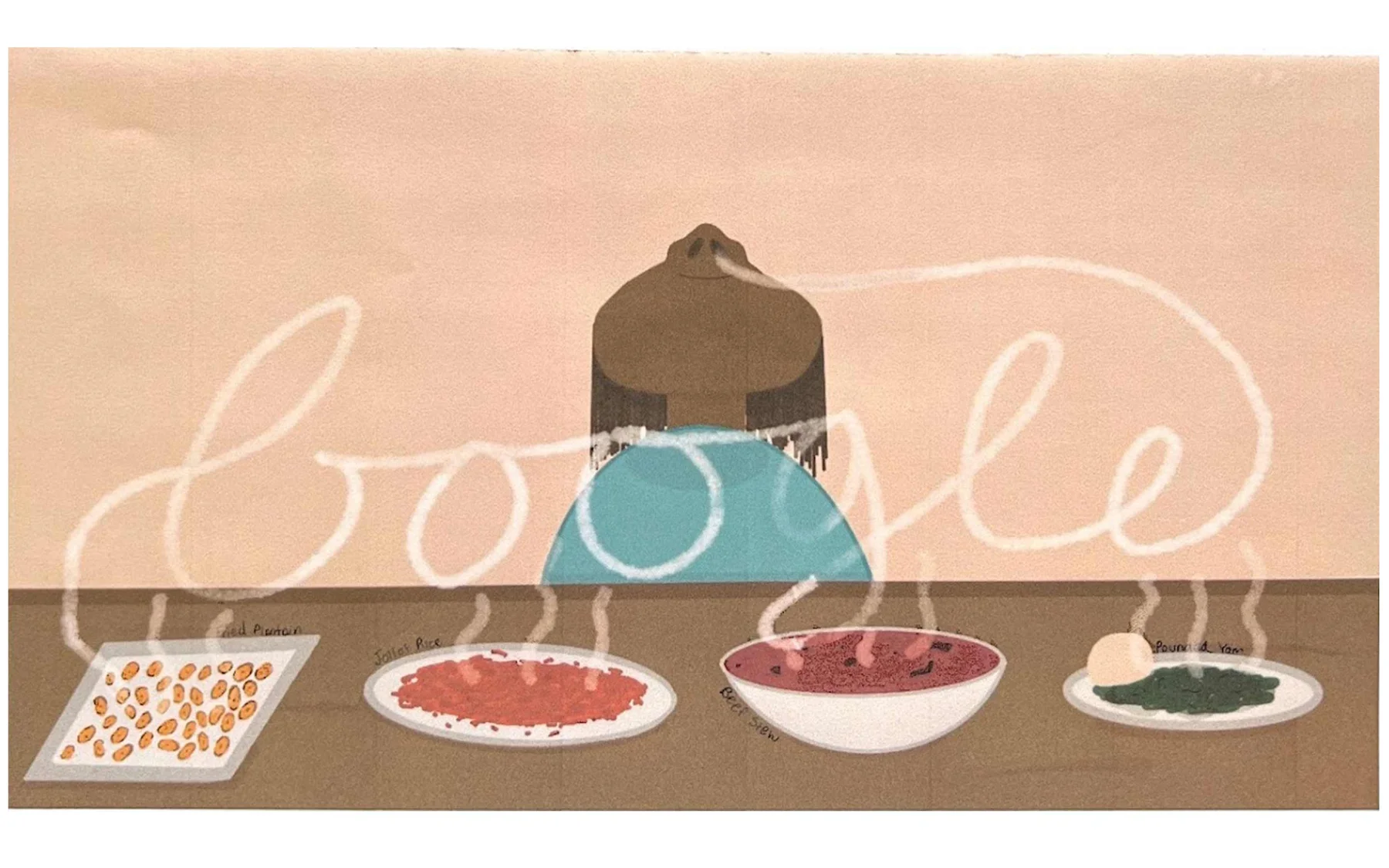 A drawing of a young girl smelling different dishes including Jollof rice, beef stew, plantains and pounded yam. “Google” is spelled out by the smoke plumes coming from the food.