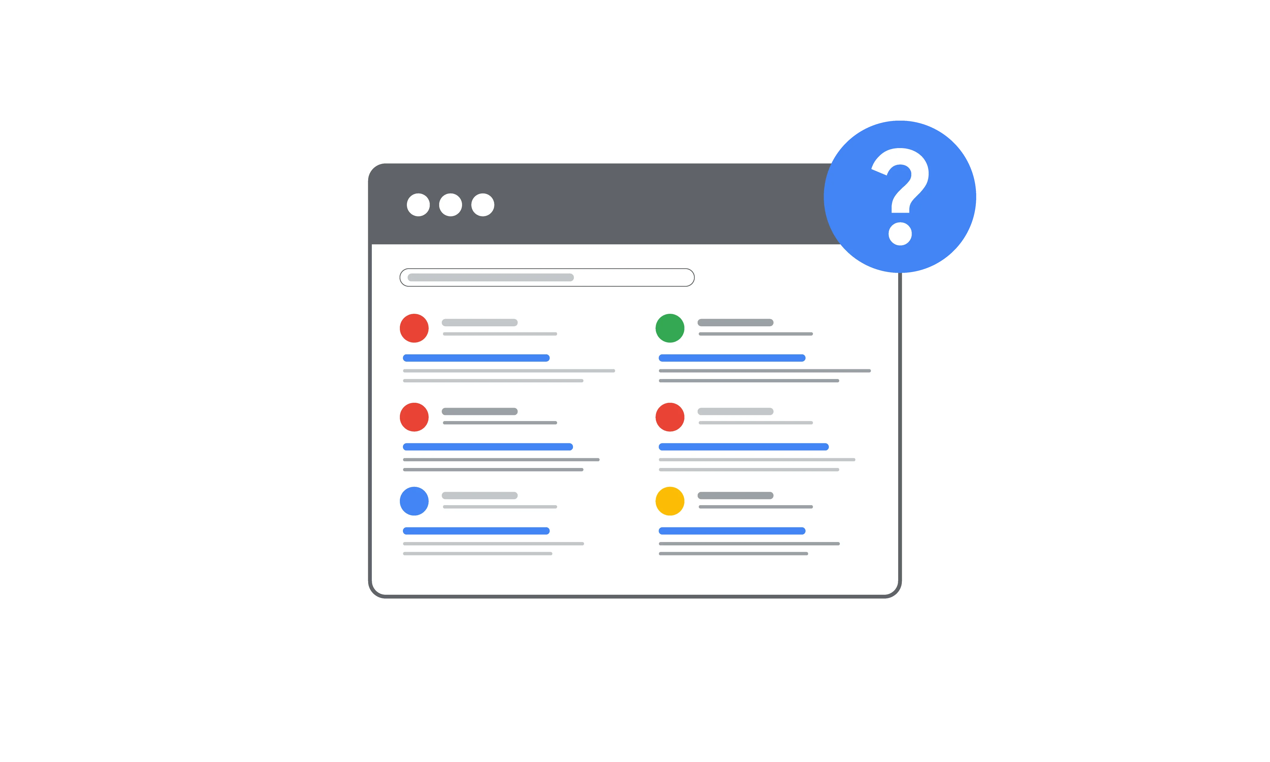 Graphique d'une page Web avec une liste de résultats de recherche et un point d'interrogation à l'intérieur d'un cercle bleu