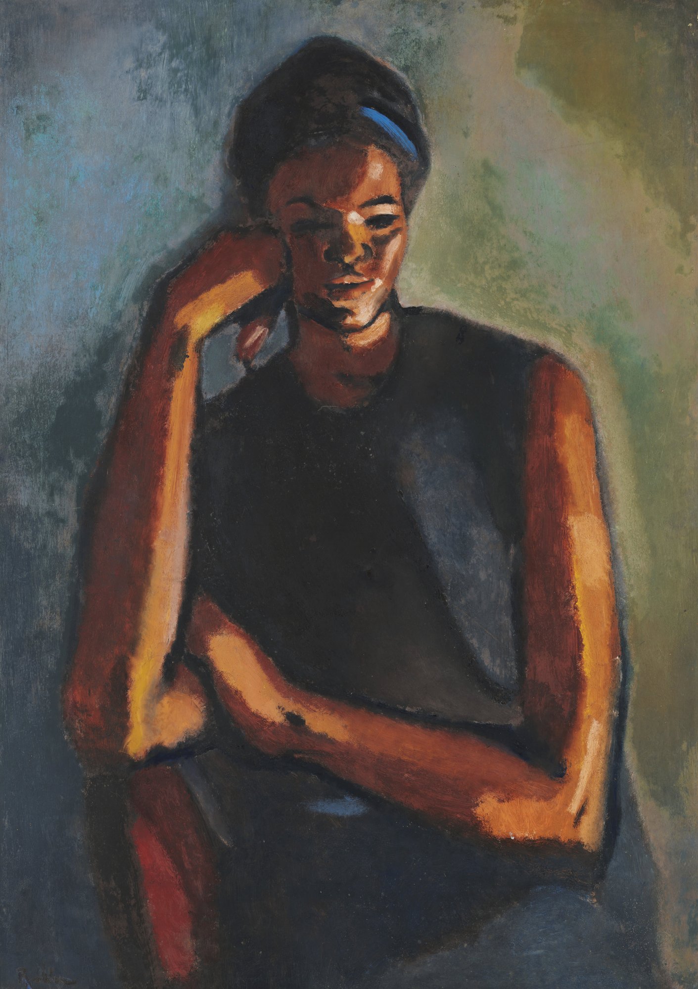 Pintura que tiene en el centro a una mujer negra con una cinta azul en el pelo y una de sus manos tocando su cara