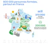 Illustration représentant la carte de France et indiquant le nombre de personnes formées par les Google Ateliers Numériques depuis leur création en 2012