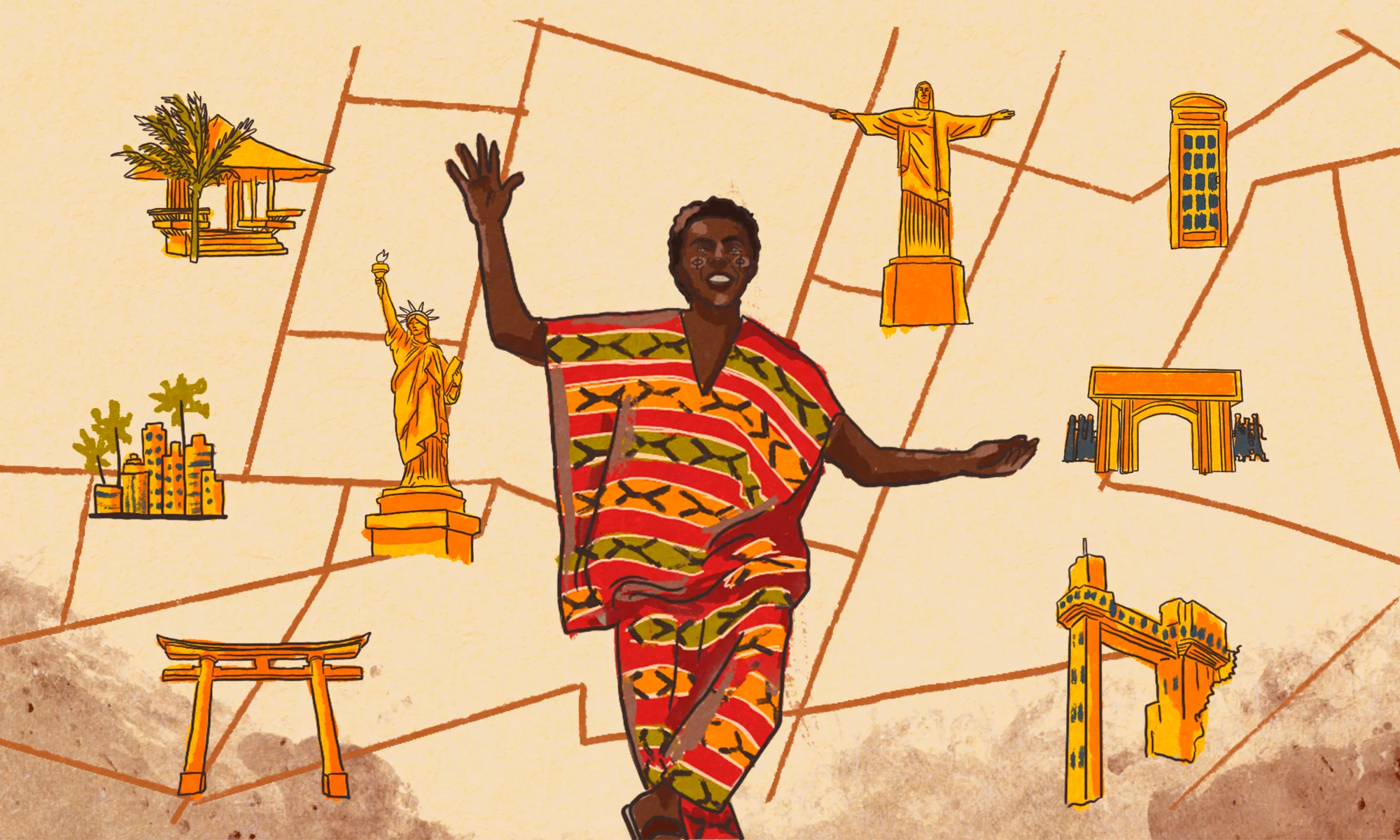 Illustration of Gilberto Gil at the centre surrounded by icons representing London, Benin, New York, Los Angeles, Salvador, Jamaica, Rio de Janeiro and Japan