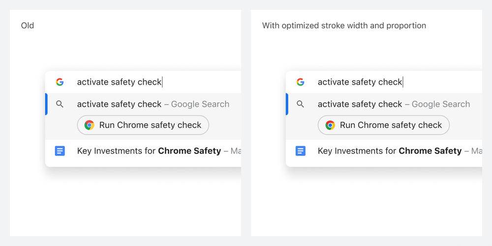 An image of a side-by-side comparison of Chrome actions and how the updated icon improves legibility at smaller sizes and aligns to pixel boundaries.