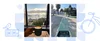 Two photos side-by-side: The first is a hand holding a cup of coffee in front of a window revealing the San Francisco bay and the Bay Bridge; the other is taken from the perspective of someone riding in the bike lane down a street lined with palm trees. On the right of the frame is an icon of a clock that says 8:00 a.m.; on the left there is an icon of a bicycle.