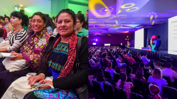 In photo on left, women look at the camera at a Grow with Google event. On photo on right, a large crowd attends an event in a conference room as a person speaks on stage.