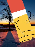 An image of a during twilight. The tree's shadow stretches over the snowy ground. The image also features a red and yellow illustration of a boot walking along.