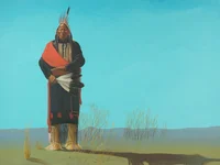 An image of a painting depicting one man standing to the left of the picture. There is grass on the ground with a bright blue sky and mountain range in the background.