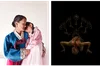 Two photos next to one another; the first is of a mother and daughter embracing wearing traditional Korea Hanboks. The second is of a person bent over facing the ground against a dark background with Chinese lettering against the background.