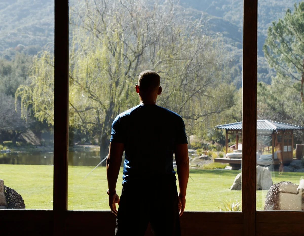 Will Smith looks out a window at a field with trees and mountains.