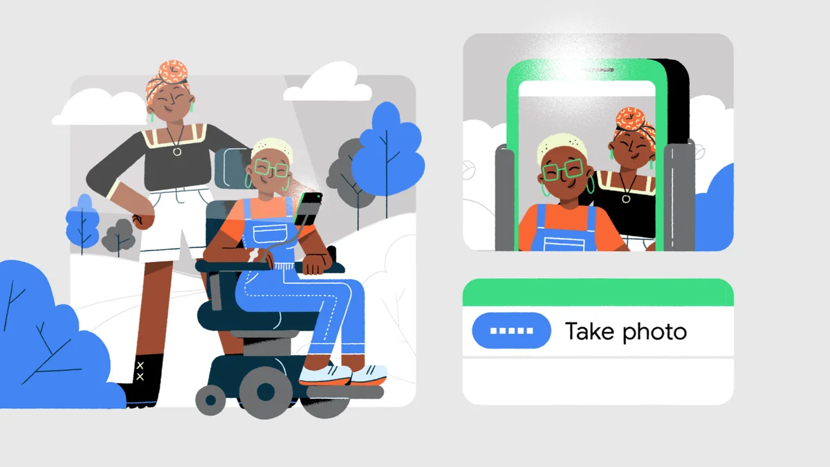 Easily use and navigate your phone by speaking out loud with Voice Access. Image shows two cartoon figures, one who uses a wheelchair and has their phone mounted in front of them, and another standing behind the wheelchair as they take a selfie.