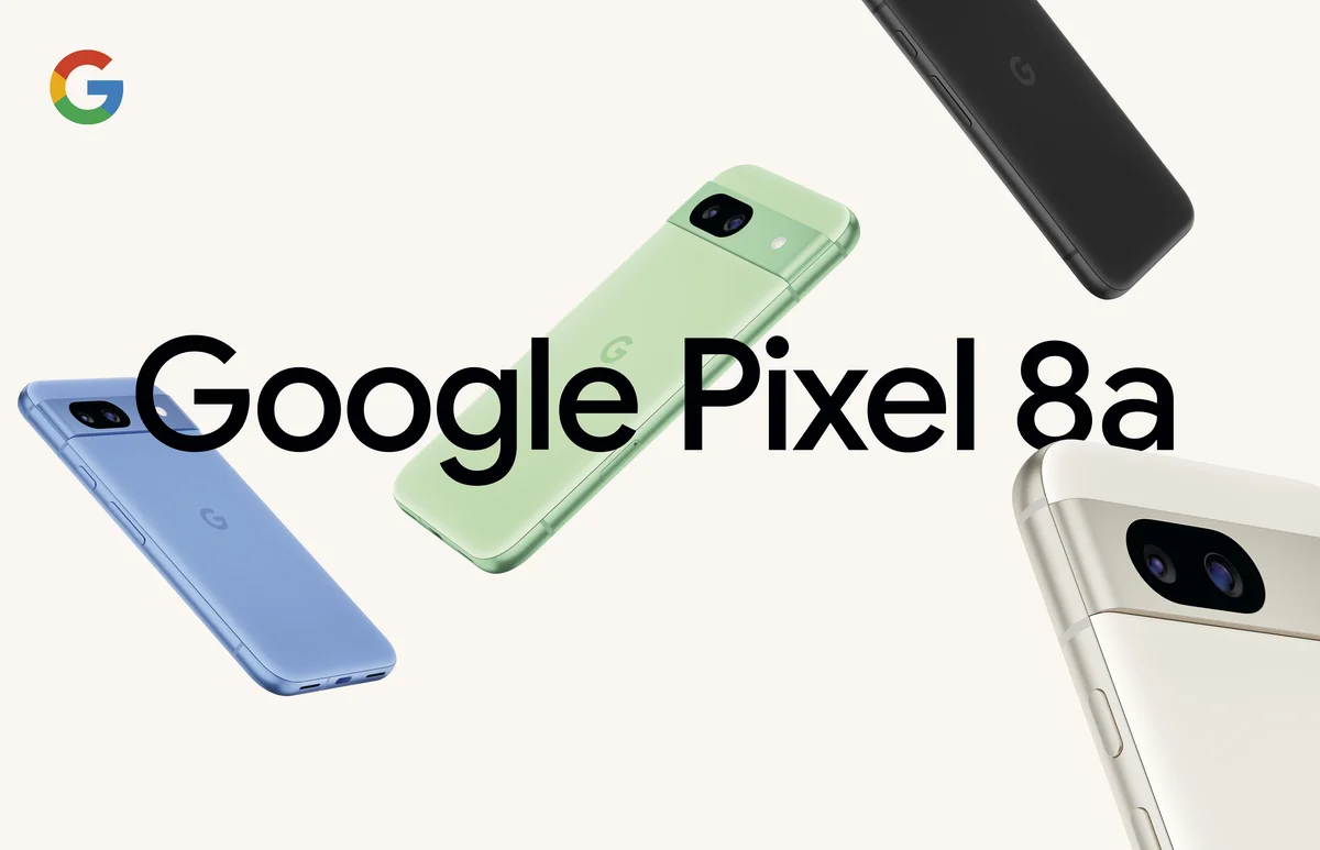 Visuel du nouveau téléphone Google Pixel 8a dans ses quatre couleurs : Vert Aloe, Bleu Azur, Noir Volcanique et Porcelaine.