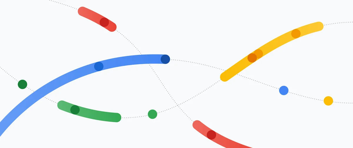 an illustration of intertwined lines and dots in primary colors