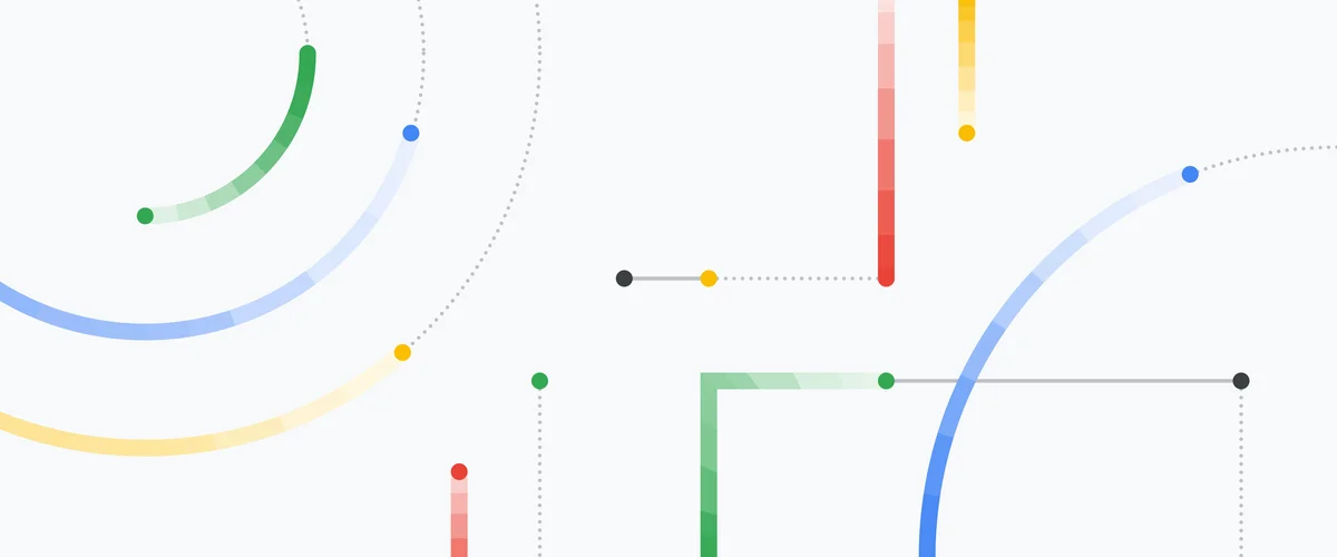 Illustration of coloured lines and dots (green, yellow, blue, red) connecting to each other on a grey background.
