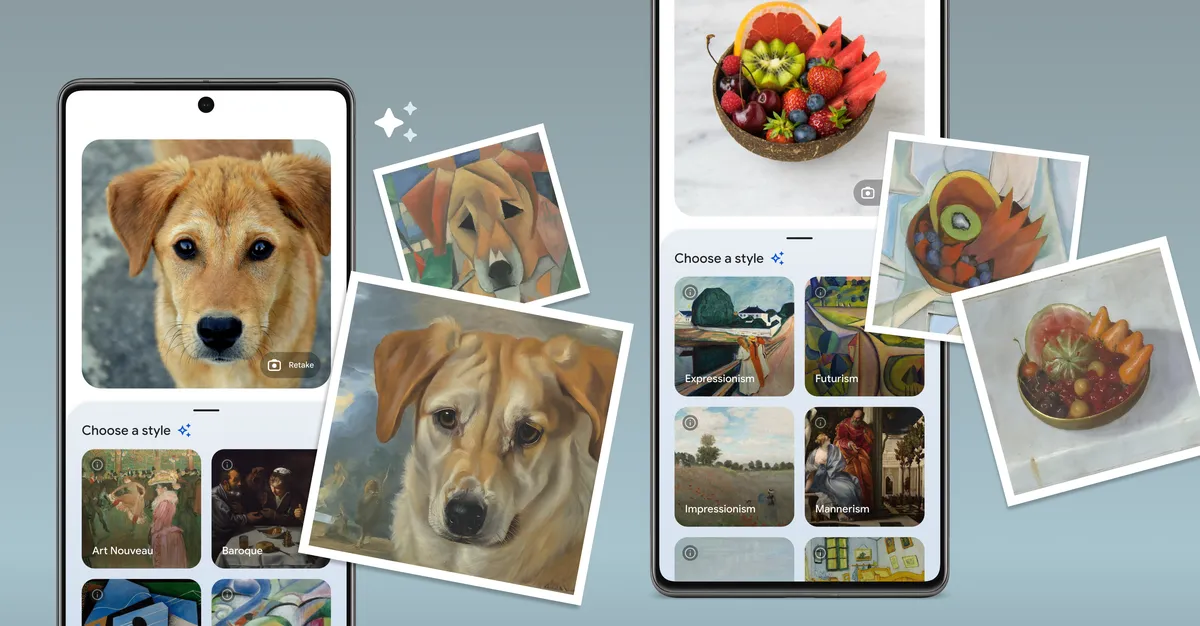 Two phones side by side. The phone on the left shows a photo of a yellow dog. To its right are two generated images of the dog in artistic styles. The phone on the right shows a photo of a fruit bowl. To its right are two generated images of the fruit bow