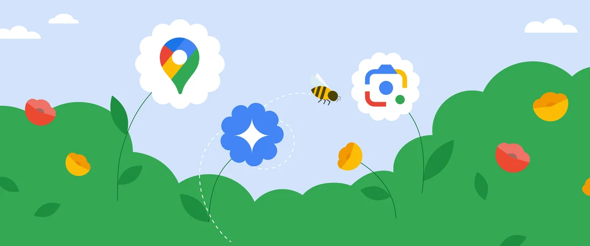 Illustration of a garden and flowers. There are icons inside the flower shapes: One showing a Google Maps location pin, another a star icon for Gemini, and a Google Photos camera icon.