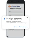 Pop up window reading “File might be harmful” in front of a mobile device