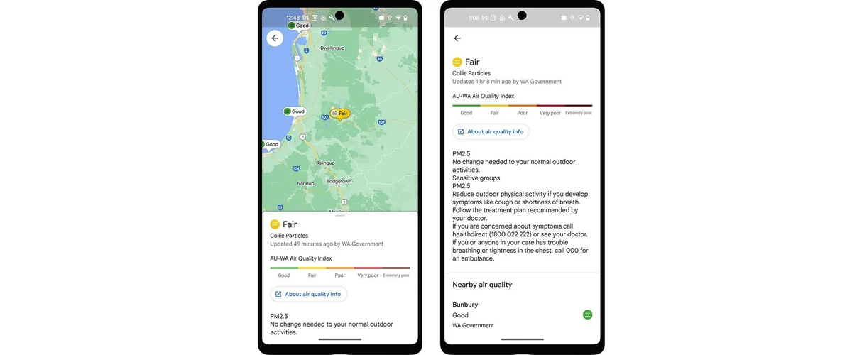 Two mobile phones showing 'Fair' Air Quality information in WA, along with guidance on physical activity