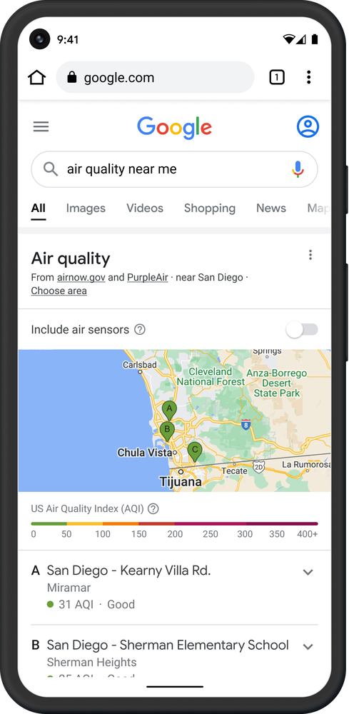 A smartphone screen showing air quality information on Google Search