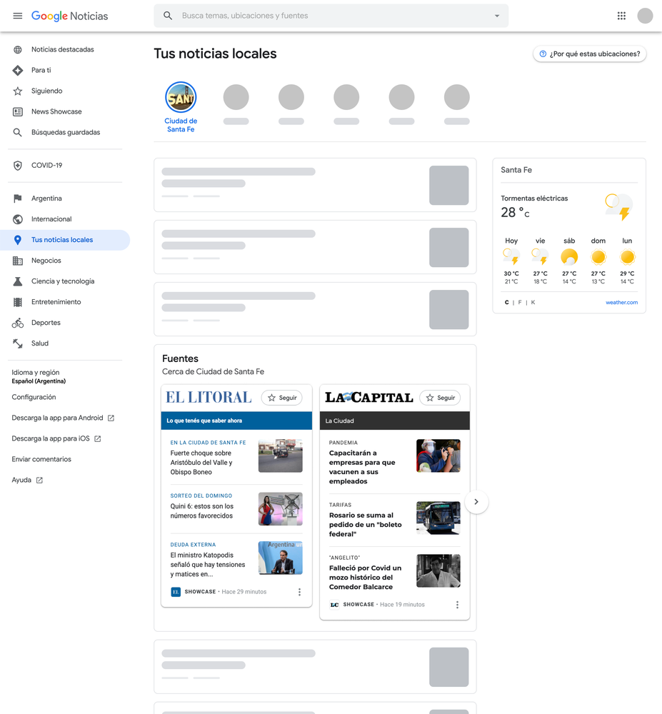 This image of a local Google News page shows an example of how News Showcase panels will appear to some publishers in Argentina