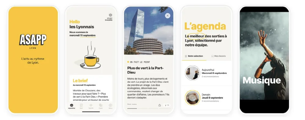 5 images.  The 1st image is a yellow welcome screen with the name of the app, the 2nd has a picture of a cup of coffee, the 3rd a picture of a skyscraper, the 4th is titled L’agenda and the 5th shows a picture of a person singing and is called musique.
