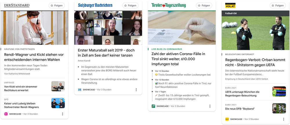 This image shows examples of how News Showcase panels will look with some of our partners in Austria including Der Standard, Salzburger Nachrichten, and Tiroler Tageszeitung/ Moser Holding